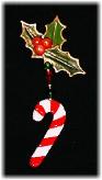 Christmas Candy Cane Pin- This porcelain handmade pin is painted in  bright colors and gold enamel details. Embellished w/glass beads and wire is used for final details. Unique Design!