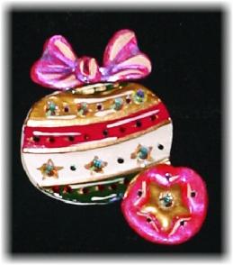 Christmas Ball Ornament Pin-This porcelain handmade pin is painted in  bright colors and gold enamel details. Accented w/Medium AB, Ruby and Emerald Austrian Crystals. Unique Design!