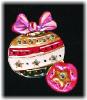 Christmas Ball Ornament Pin-This porcelain handmade pin is painted in  bright colors and gold enamel details. Accented w/Medium AB, Ruby and Emerald Austrian Crystals. Unique Design!