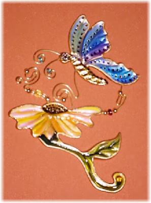 This porcelain handmade, hand cut and hand-painted beautiful pin  is painted in translucent bright colors and gold enamel details. Embellished w/AB, Amethyst, Lt. Amethyst and Topaz Austrian Crystals. Gold plated wire and glass beads are used for final details. Unique design, one-of-a-kind ! 100% handmade