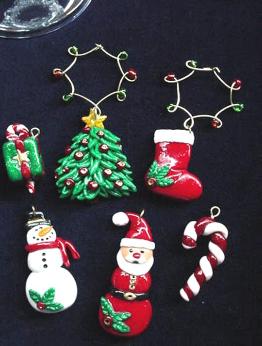 Holiday Wine Charms- Handmade with glazed Fimo. Gold wire, glass beads and Austrian Crystals are used for final details. (Decor purpose only) Unique Design!