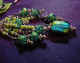 Dichroic Glass and Polymer Clay Green Fish Pendant Necklace (Close Up)