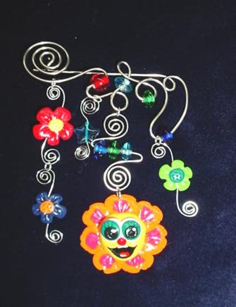 Handmade with glazed Fimo. Nickel and  silver plated  wire are used for final details. Glass beads are used to embellish the Fimo flower creations.